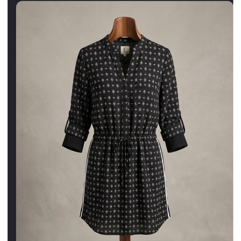 Black White Diamond‎ Print Roll Tab Sleeve Drawstring Waist Shirt Dress S